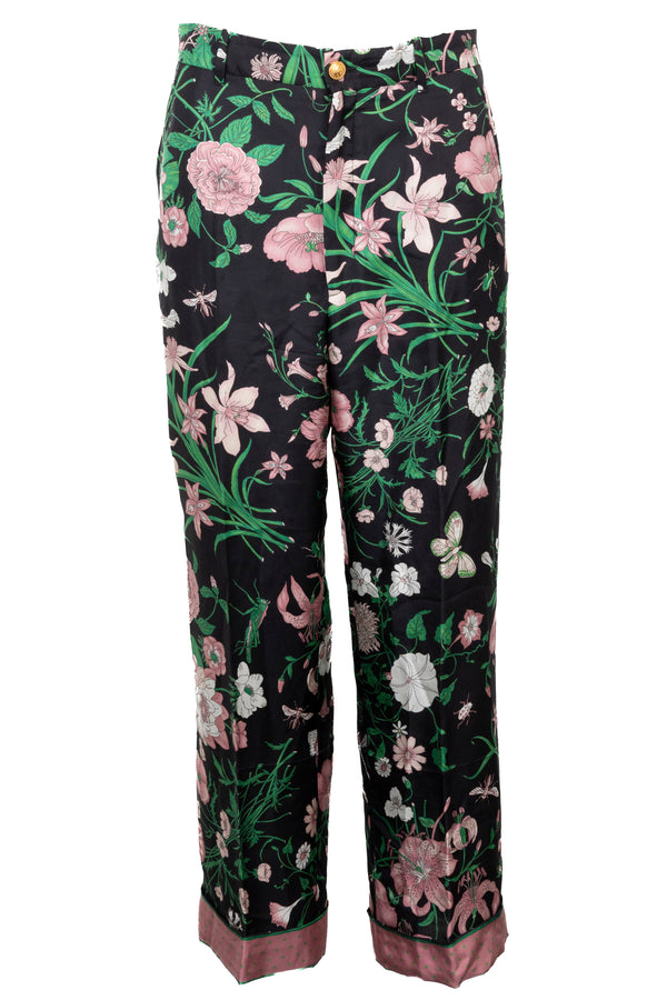 GUCCI Flower Print Pants Silk Black Rose