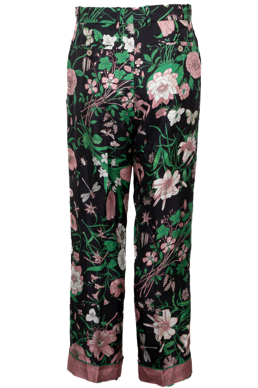 GUCCI Flower Print Pants Silk Black Rose