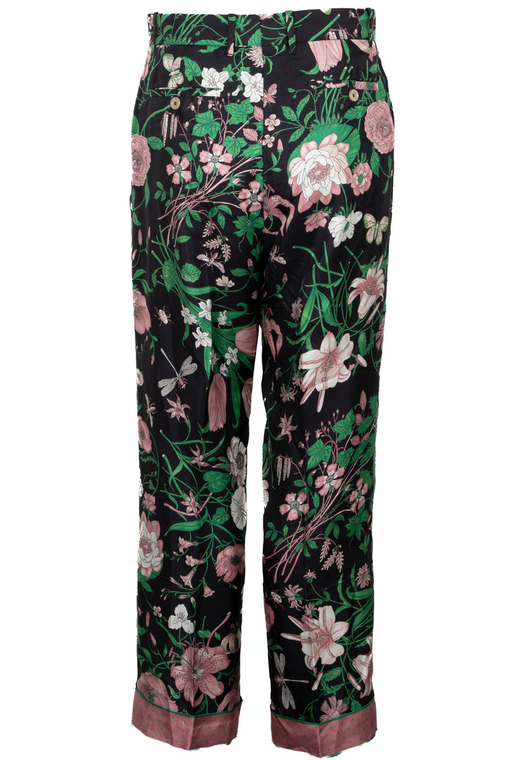 GUCCI Flower Print Pants Silk Black Rose