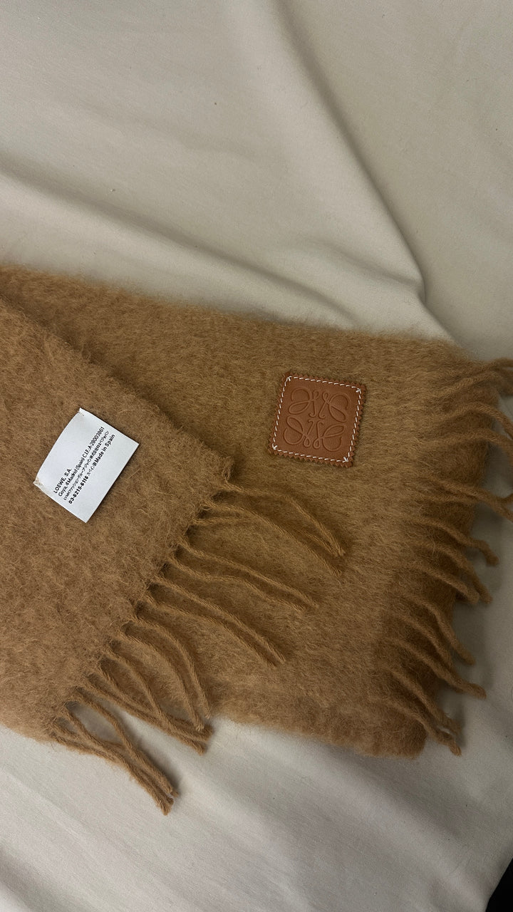 LOEWE Anagram Fringed Scarf Mohair Blend Camel