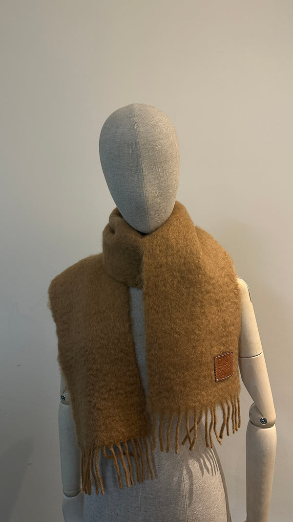 LOEWE Anagram Fringed Scarf in Mohair Blend, Camel Color