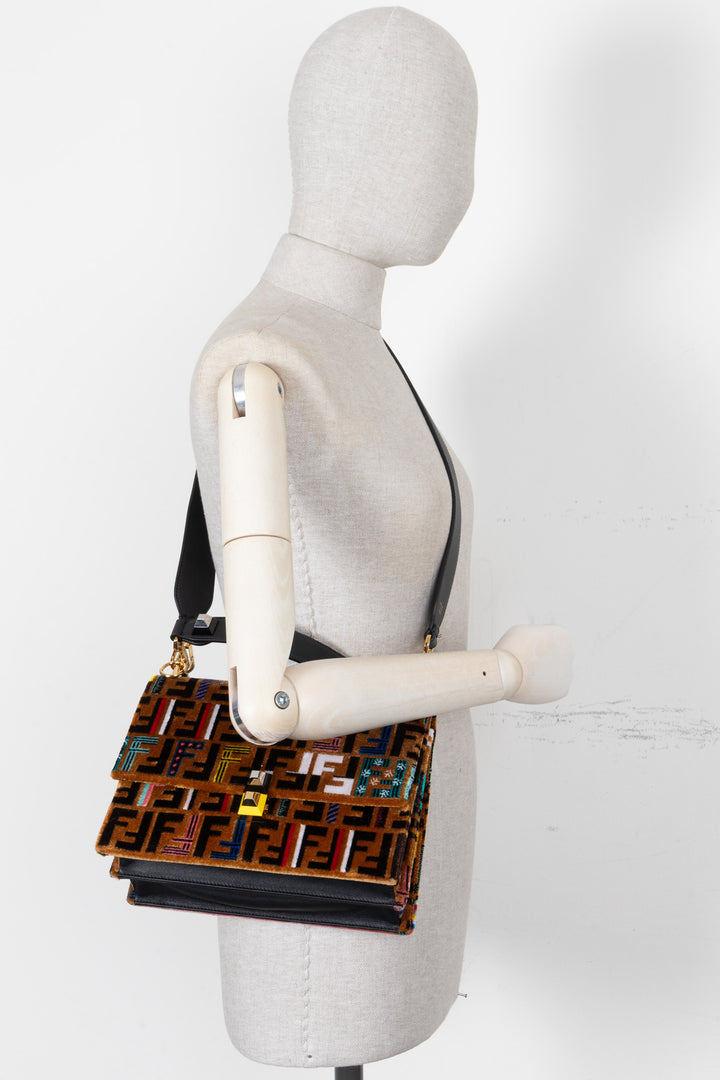 FENDI Kan I FF Crossbody Bag Velvet Brown Multicolor