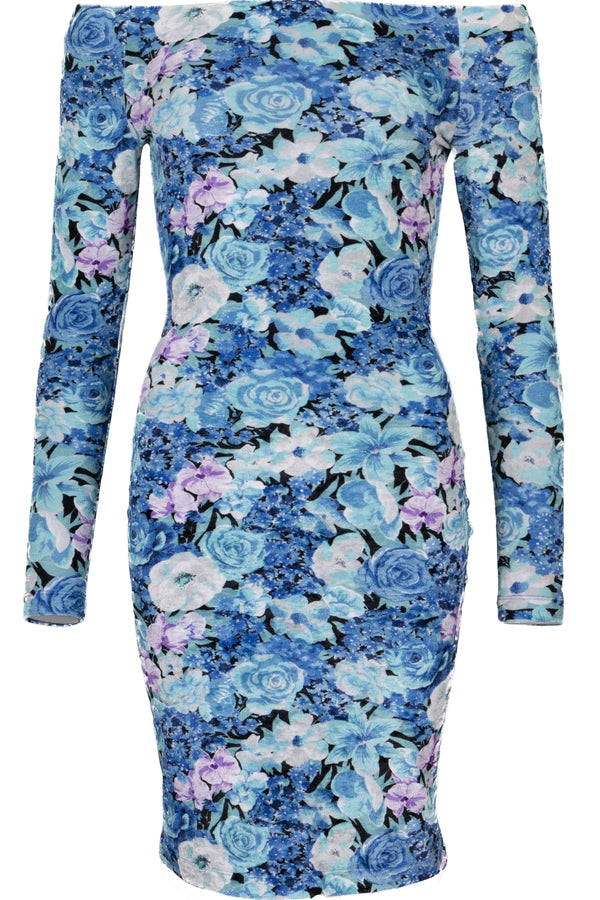 BALENCIAGA Off-Shoulder Flower Dress Velvet Blue