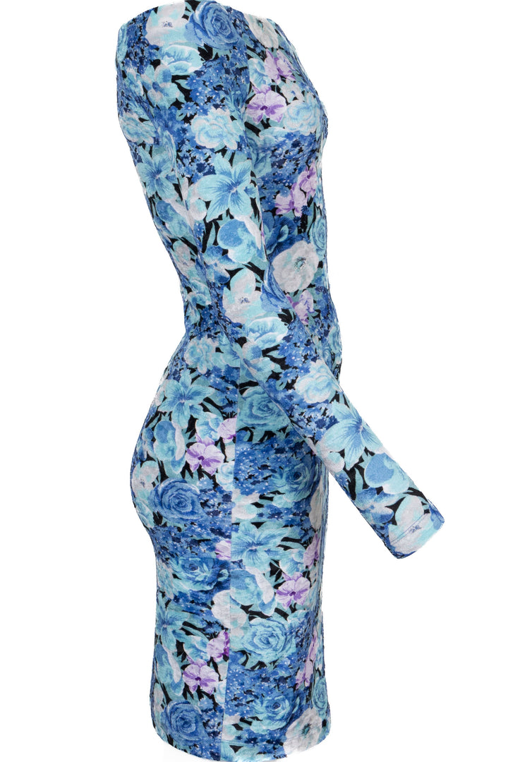Robe à fleurs velours bleu BALENCIAGA épaules dénudées