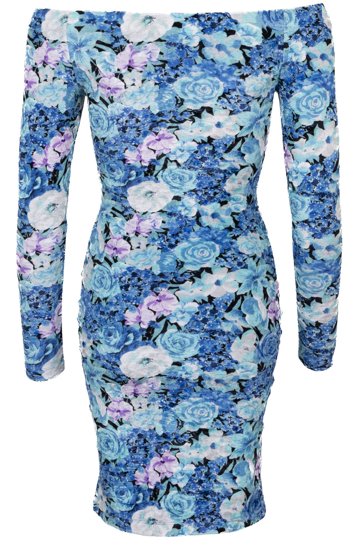 Robe à fleurs velours bleu BALENCIAGA épaules dénudées