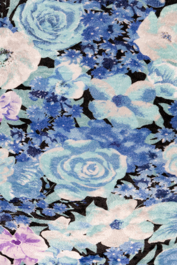 Robe à fleurs velours bleu BALENCIAGA épaules dénudées