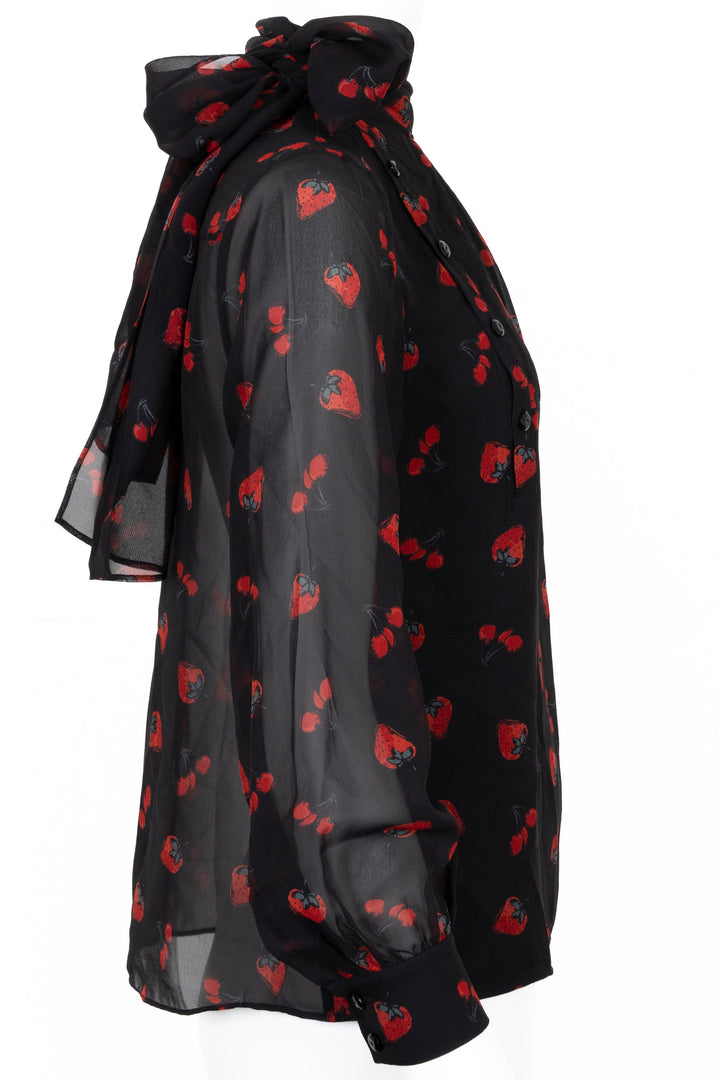 MIU MIU Strawberries Pussy Bow Blouse Black Red