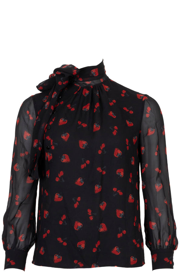 MIU MIU Strawberries Pussy Bow Blouse Black Red