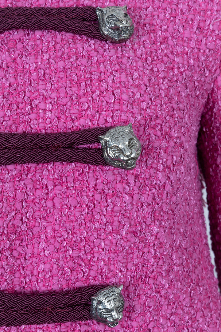 GUCCI Tiger Buttons Jacket Tweed Pink