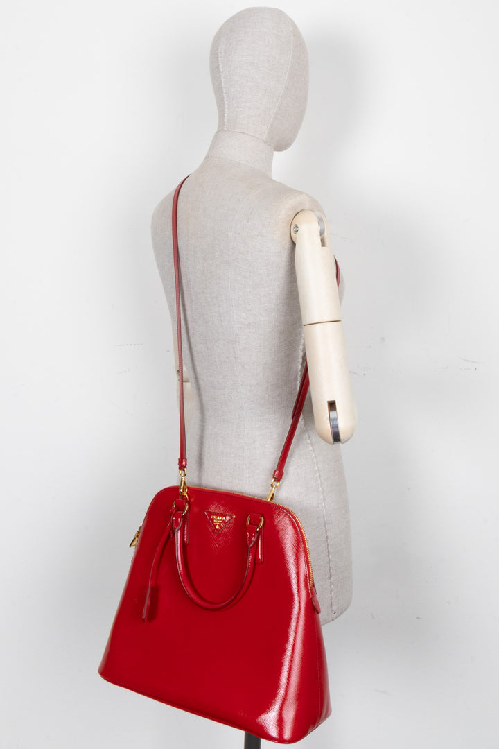 PRADA Vernice Promenade Tote Shiny Saffiano Red
