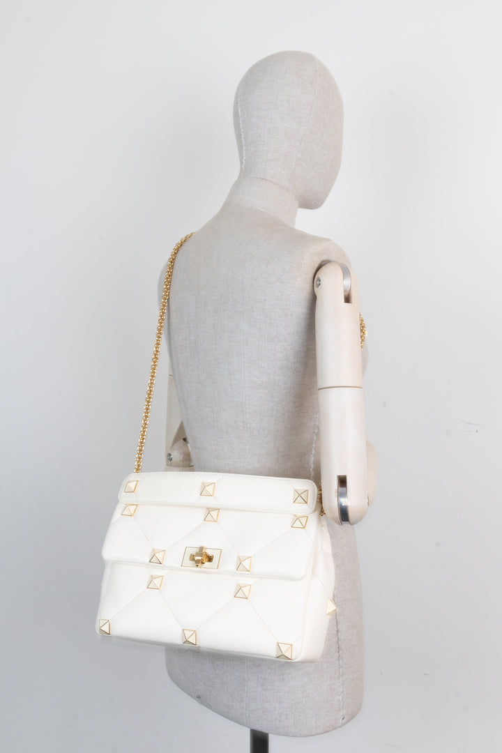 VALENTINO Medium Roman Stud Top Handle Bag Ivory