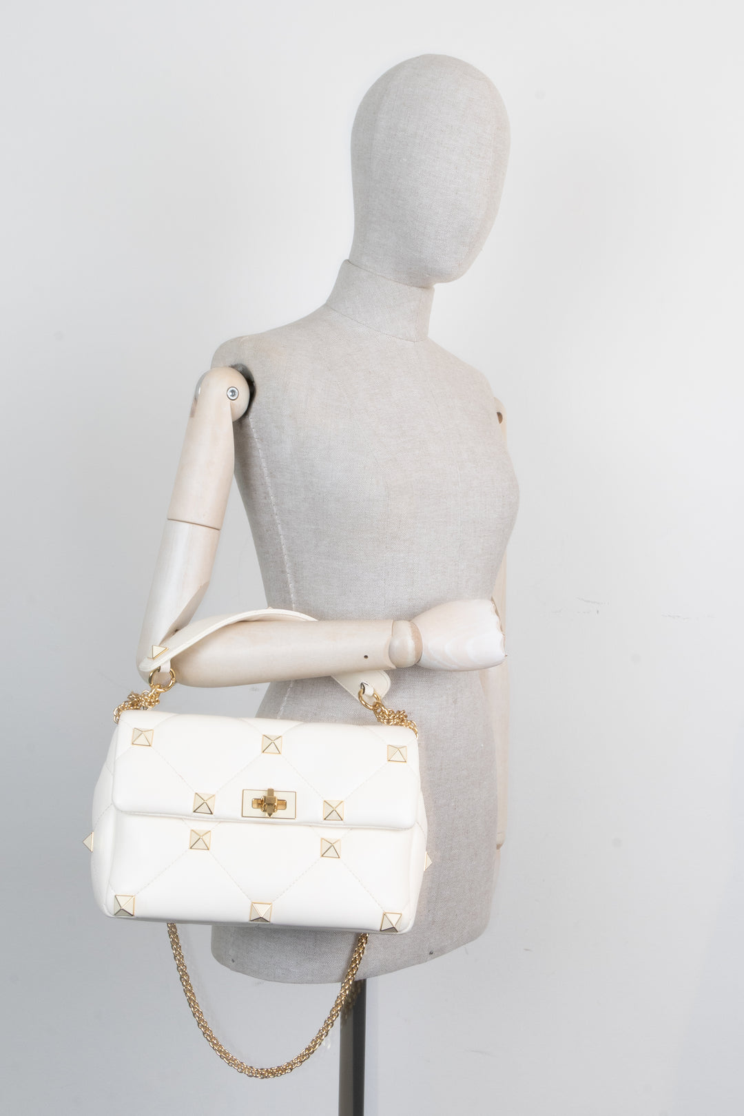 VALENTINO Medium Roman Stud Top Handle Bag Ivory