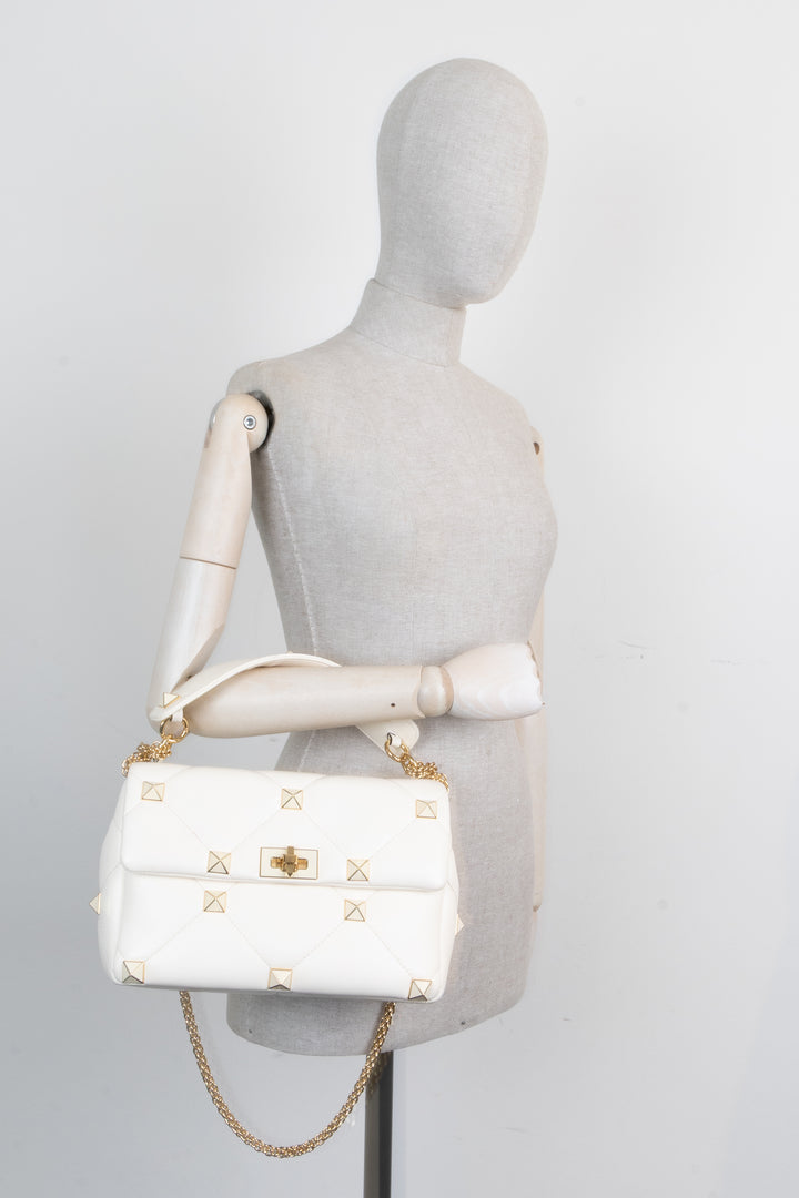 VALENTINO Medium Roman Stud Top Handle Bag Ivory
