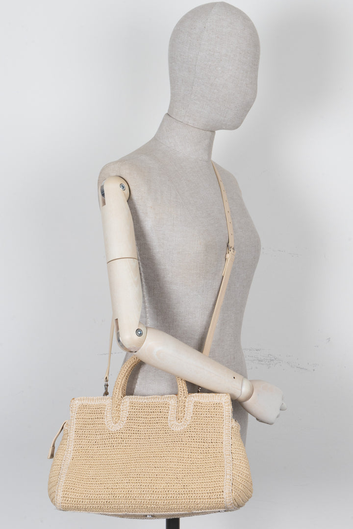 SAINT LAURENT Small Rive Gauche Cabas Bag Raffia Beige