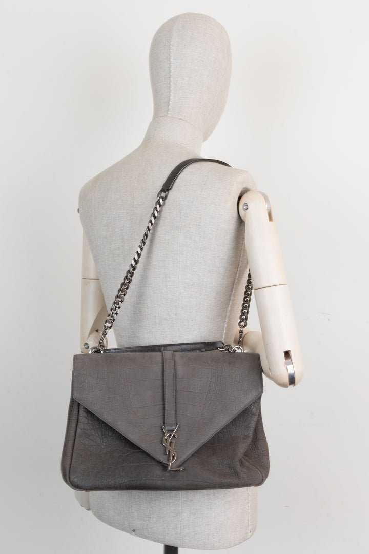SAINT LAURENT Croc Embossed College Bag Grey