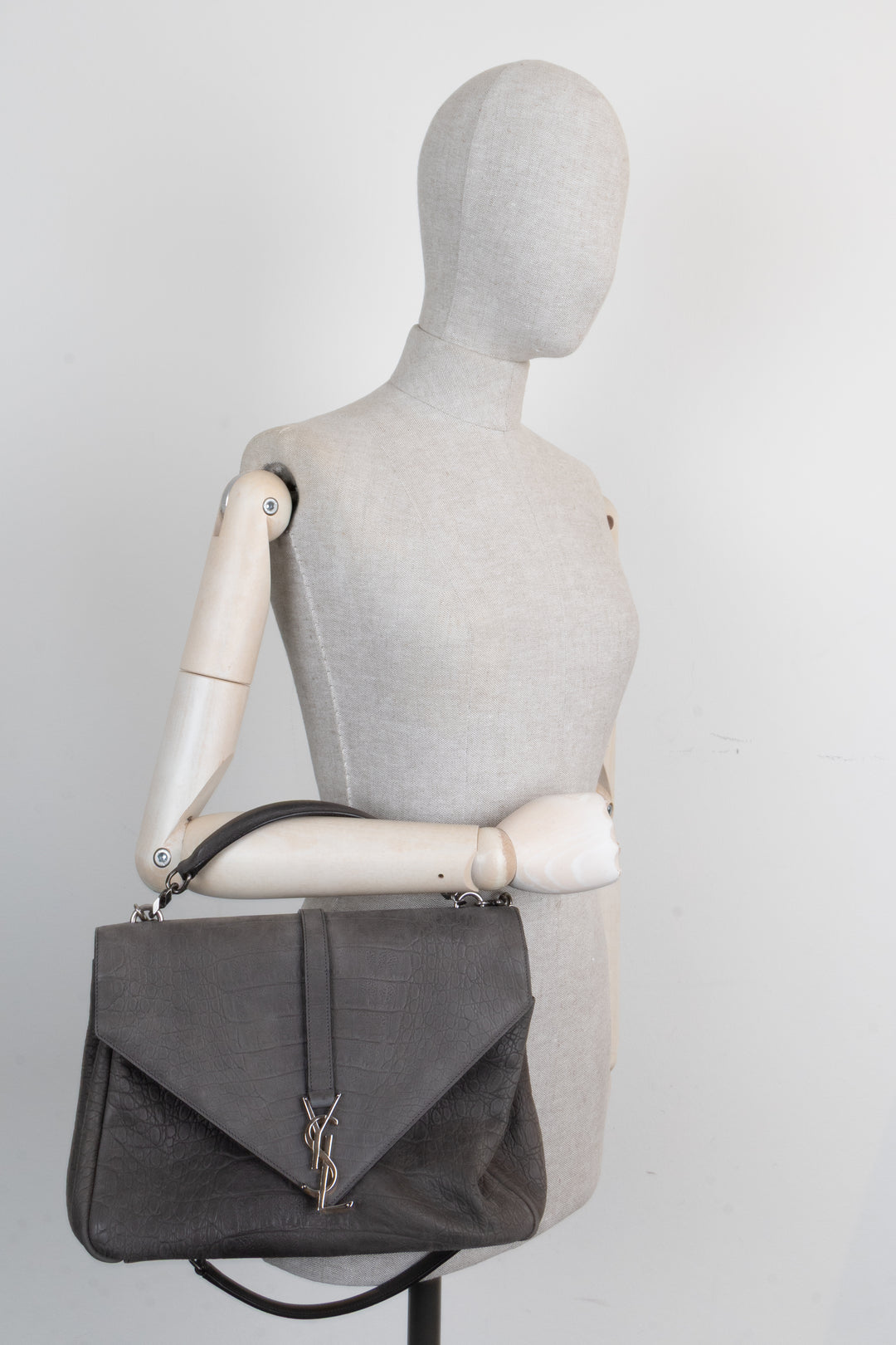 SAINT LAURENT Croc Embossed College Bag Grey