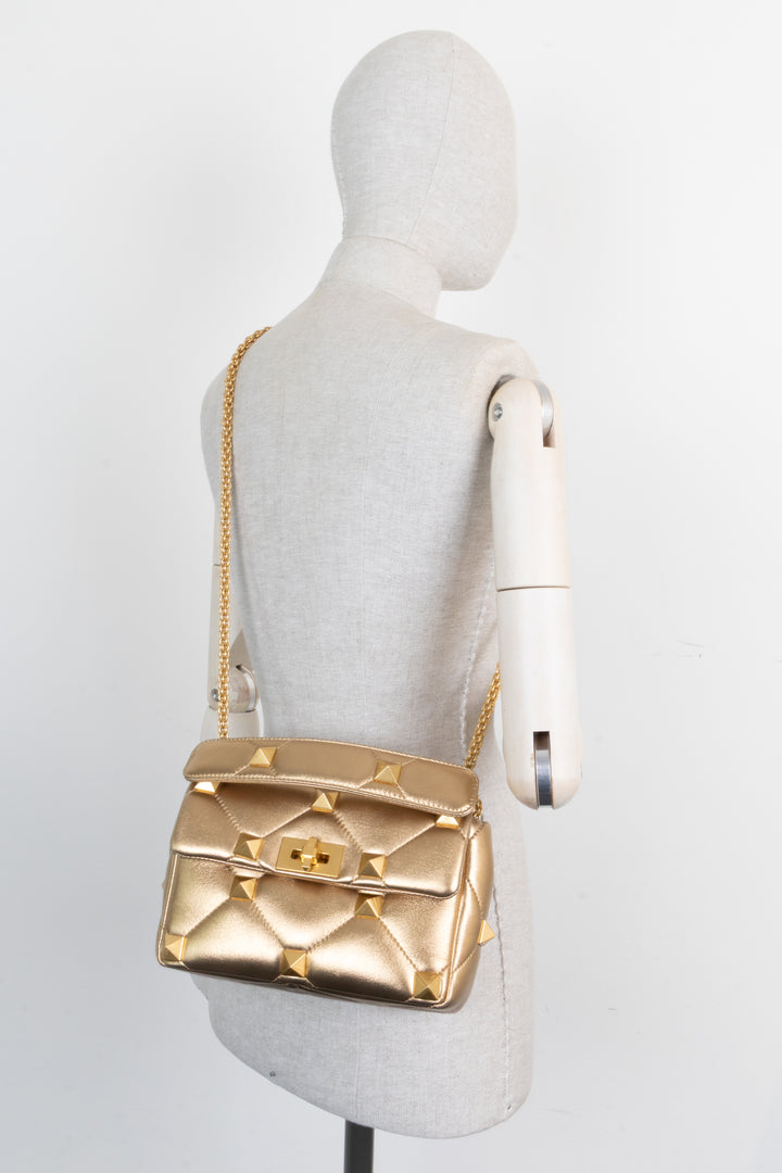 VALENTINO Small Roman Stud Top Handle Bag Gold