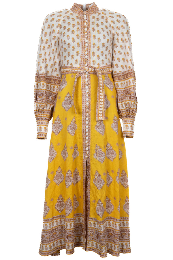 ZIMMERMANN Bonita Belted Dress Linen Yellow Brown