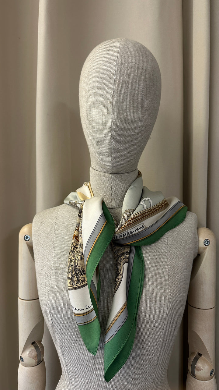HERMÈS Grant Apparat 90 Scarf Silk Green White