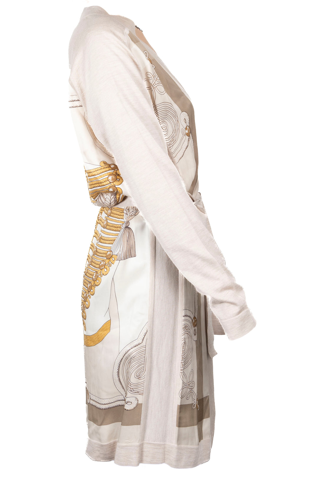 HERMÈS Belted Cardigan Brandebourgs Twillaine Cashmere Silk Beige