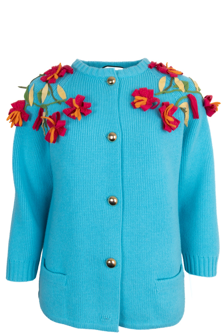 GUCCI Garden Flower Embroidered Knit Jacket Blue