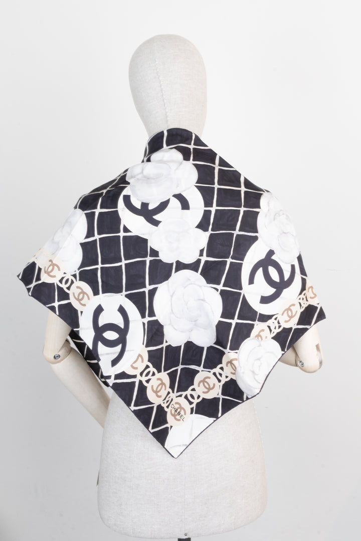 CHANEL Camellia Scarf Silk Black White