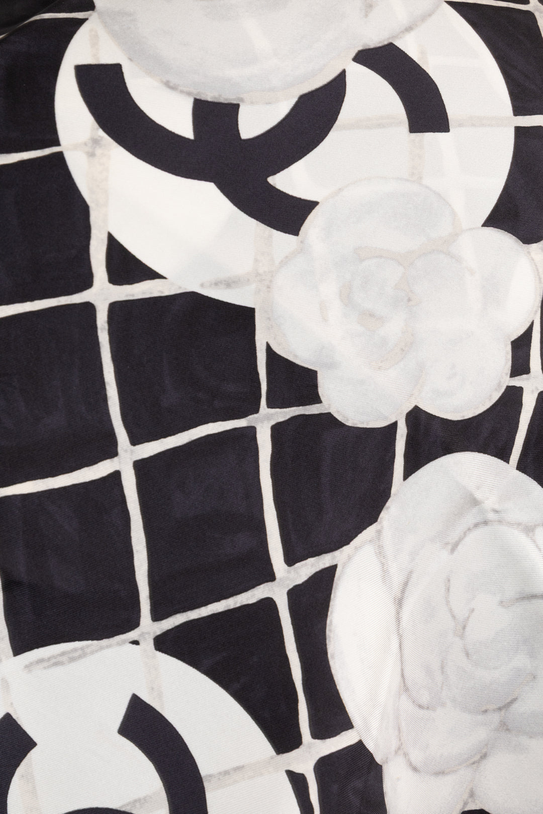 CHANEL Camellia Scarf Silk Black White