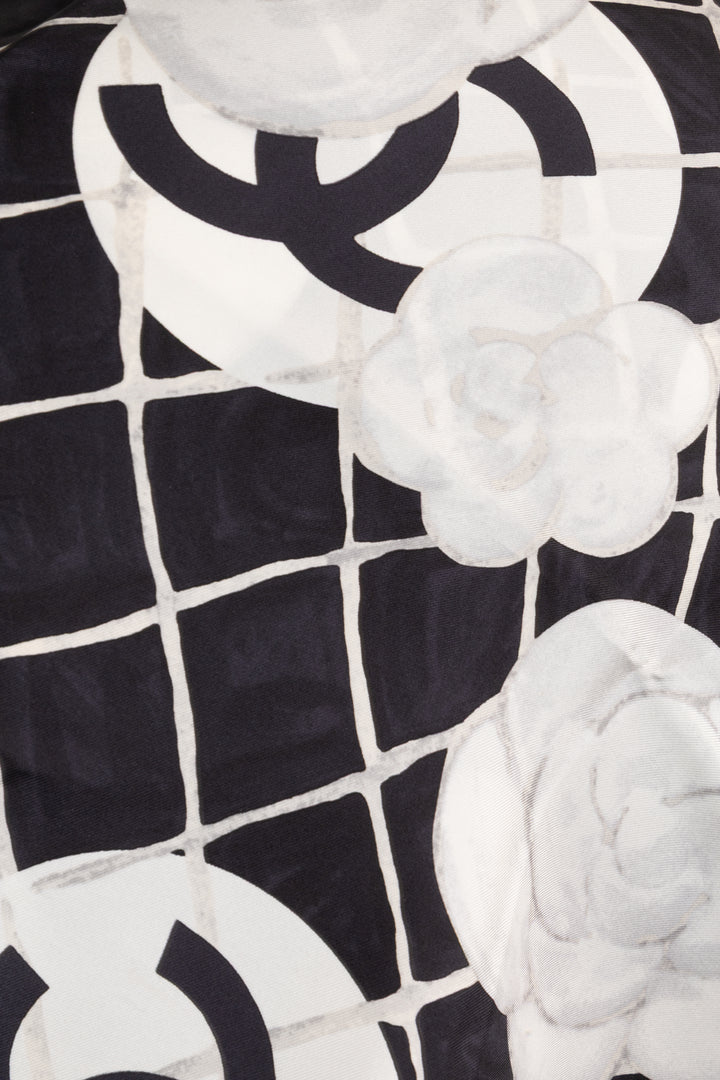 CHANEL Camellia Scarf Silk Black White