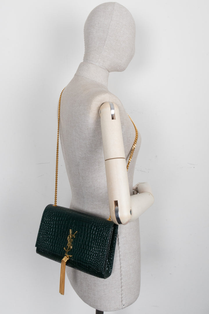 SAINT LAURENT Medium Kate Tassel Bag Croc Embossed Green