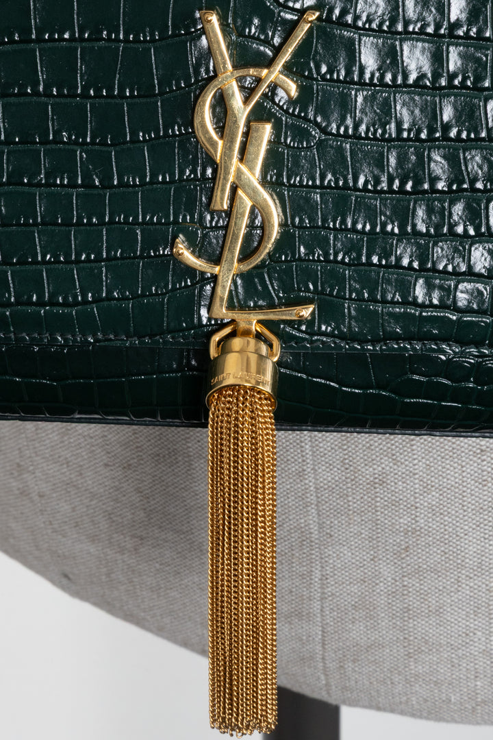 SAINT LAURENT Medium Kate Tassel Bag Croc Embossed Green