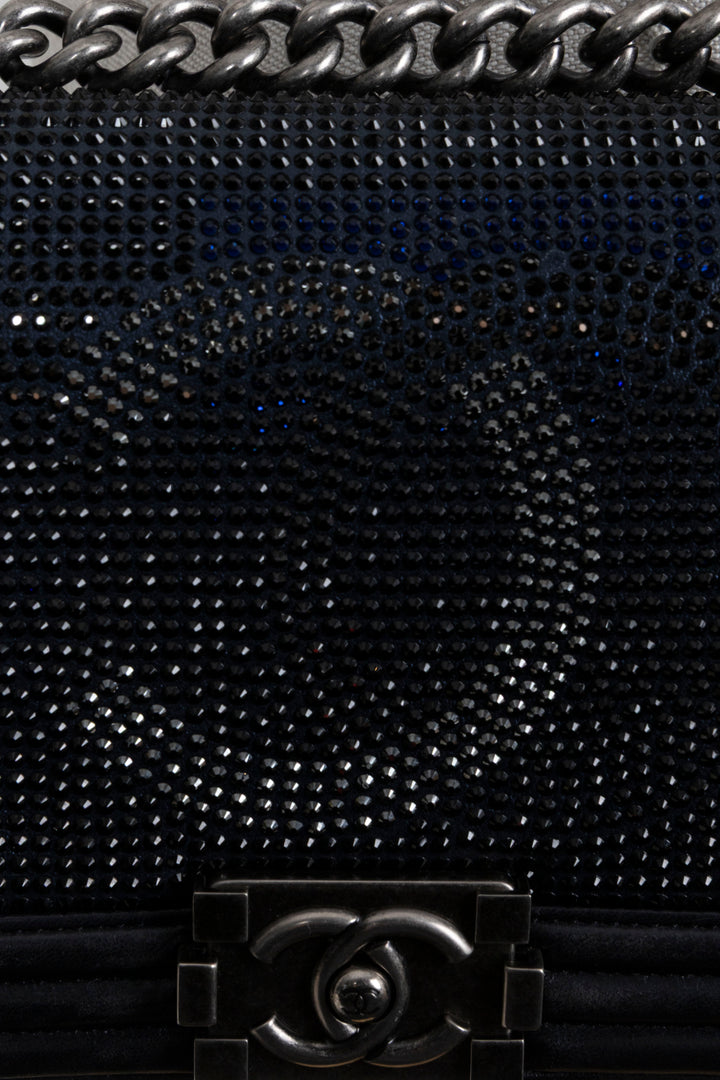 CHANEL Paris-Dallas Boy Bag Medium Leather Crystals Black Navy
