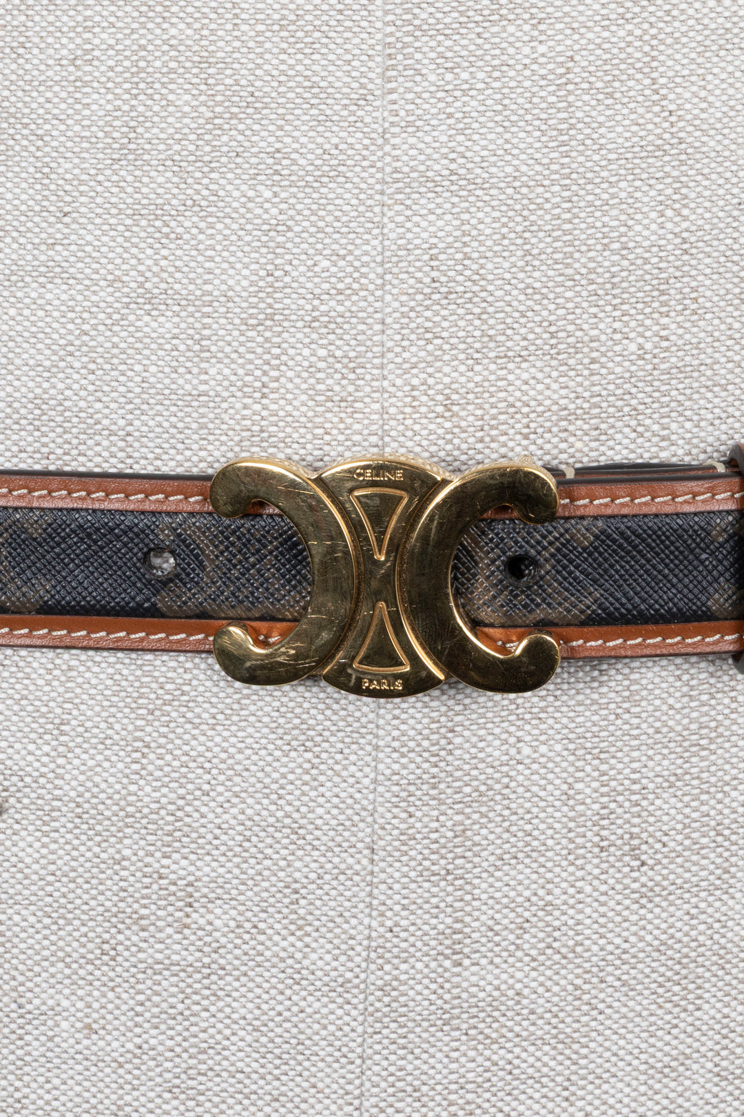 CELINE Ceinture Triomphe Toile Cuir Tan