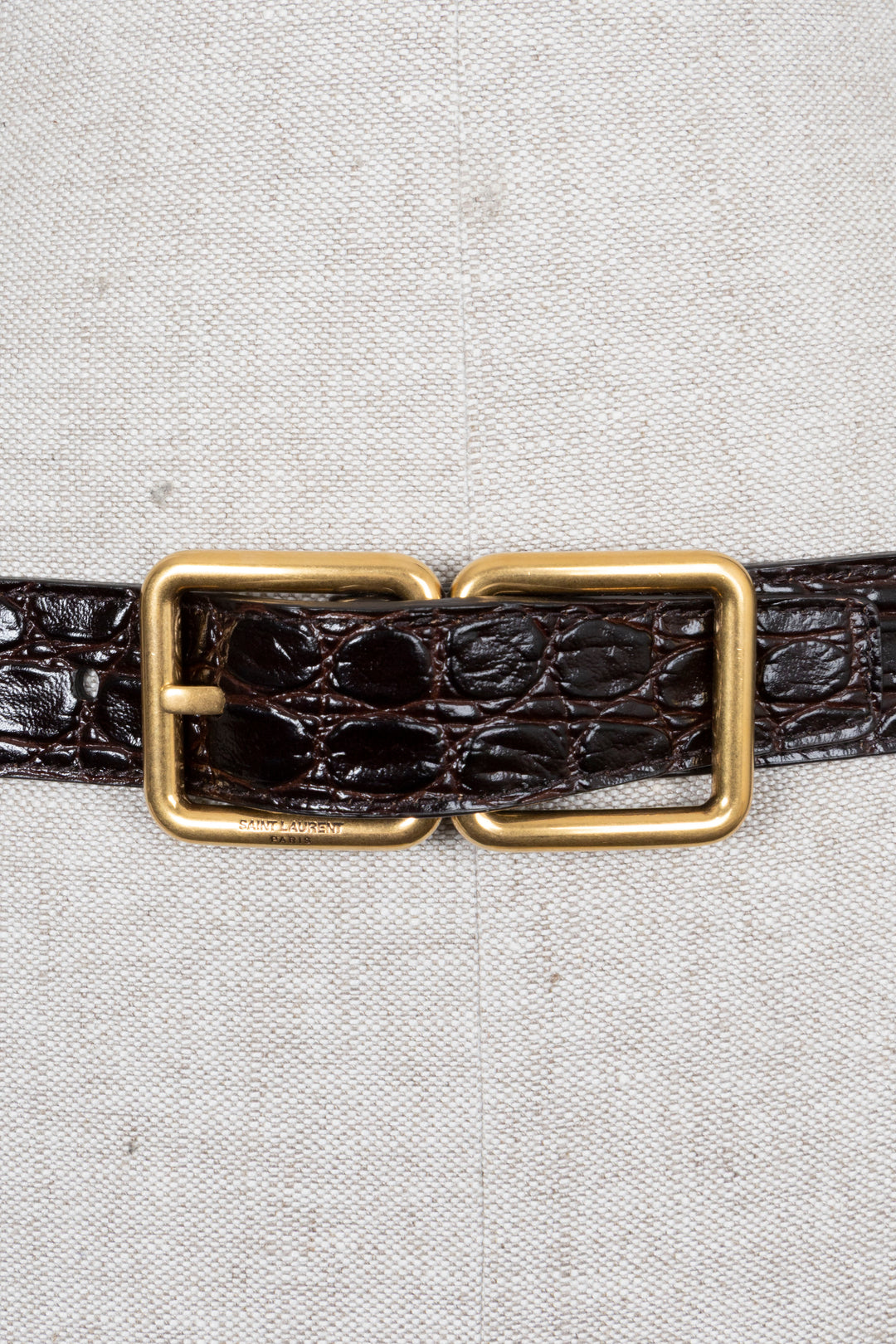 SAINT LAURENT Double Buckle Belt Croc Embossed Leather Brown
