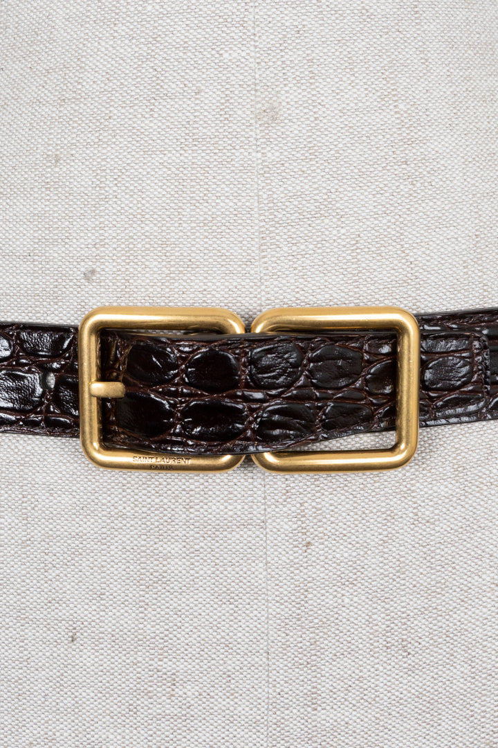 SAINT LAURENT Double Buckle Belt Croc Embossed Leather Brown