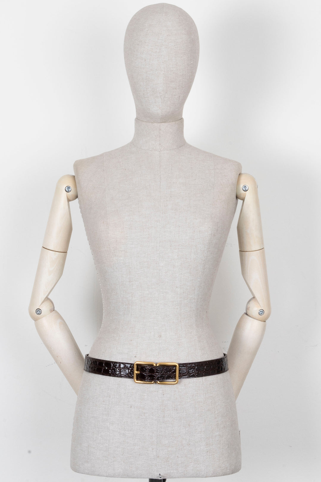 SAINT LAURENT Double Buckle Belt Croc Embossed Leather Brown