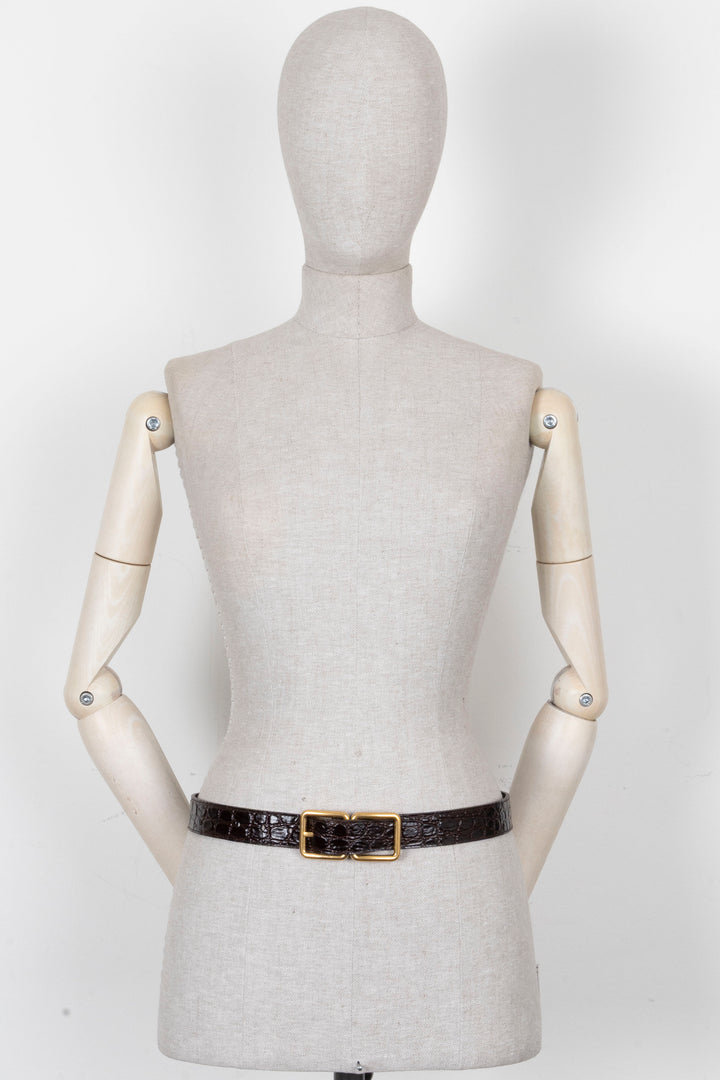 SAINT LAURENT Double Buckle Belt Croc Embossed Leather Brown