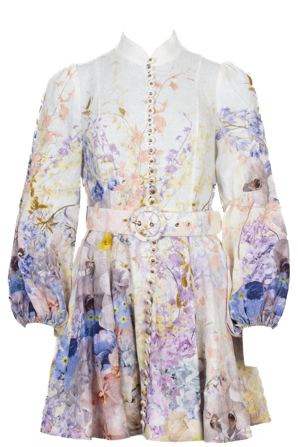 ZIMMERMANN Belted Rhythmic Mini Dress Linen White Multicolor
