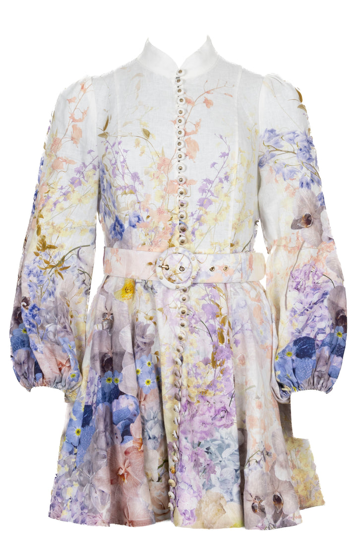 ZIMMERMANN Belted Rhythmic Mini Dress Linen White Multicolor
