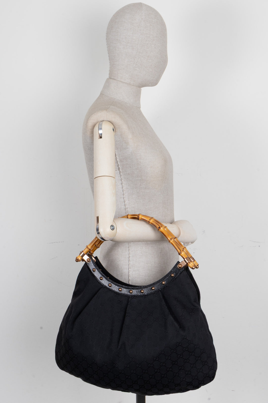 GUCCI Vintage Bamboo Handle Hobo Bag Canvas Black