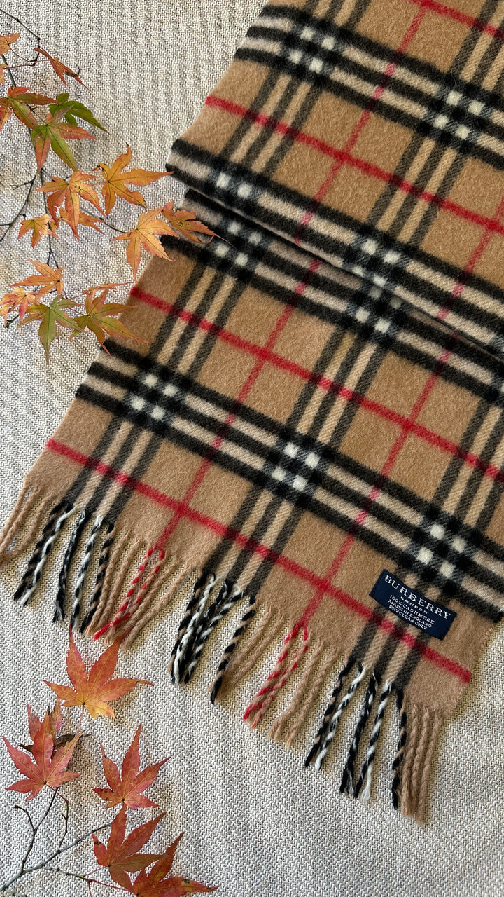BURBERRY Fringed Check Scarf Cashmere Brown
