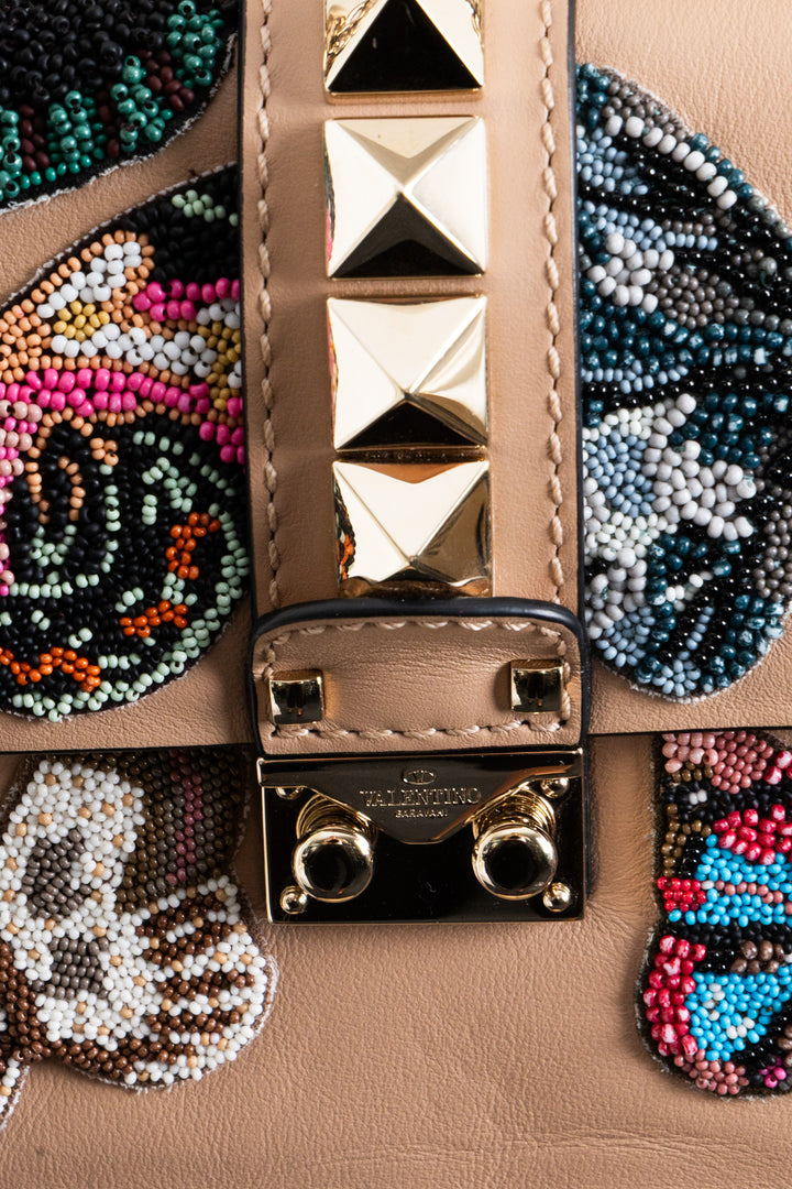 VALENTINO Butterfly Beads Glam Lock Bag Leather Nude