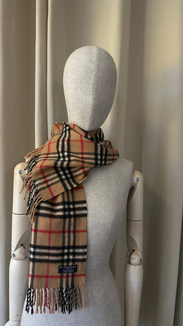BURBERRY Fringed Check Scarf Cashmere Brown