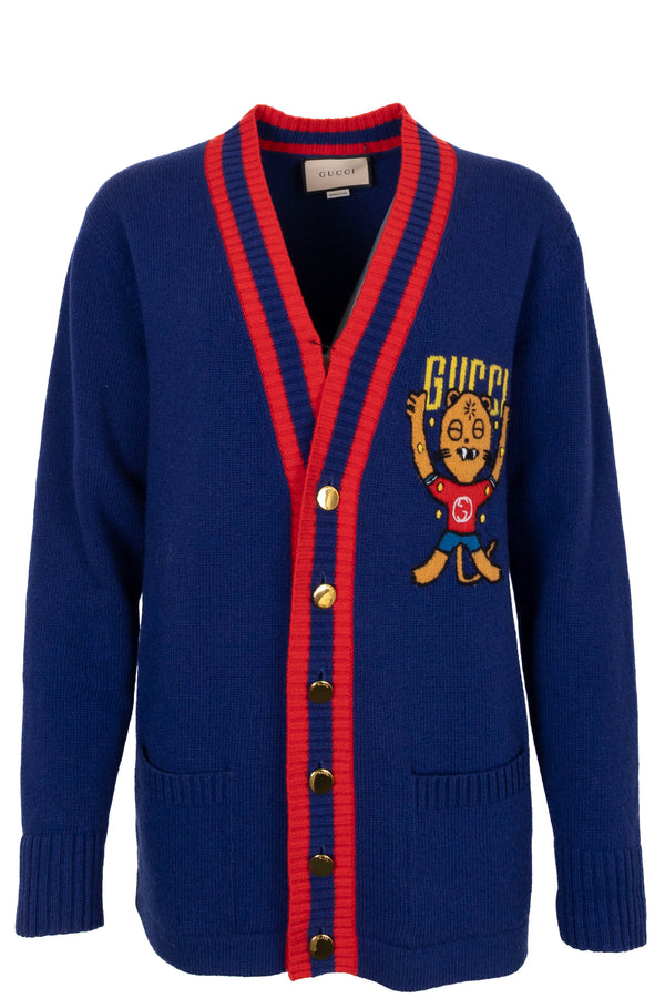 GUCCI Oversized Tiger Embroidered Cardigan Blue Red