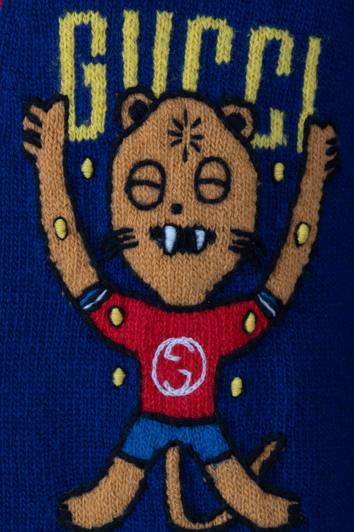 GUCCI Oversized Tiger Embroidered Cardigan Blue Red