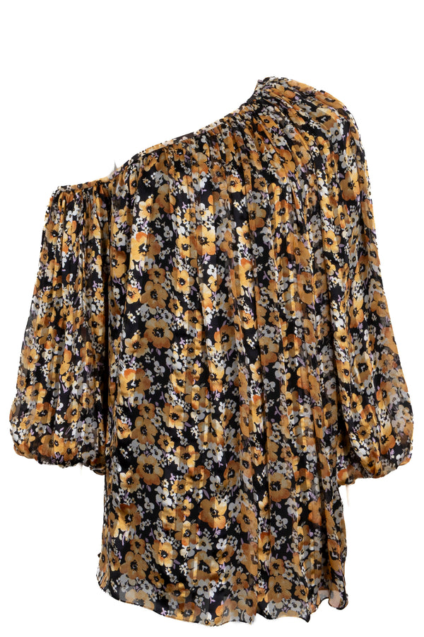 SAINT LAURENT Asymmetric Long Top Flowers Silk Yellow Black