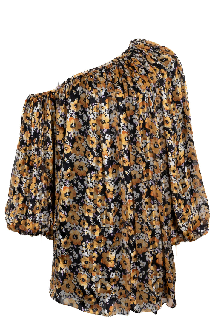 SAINT LAURENT Asymmetric Long Top Flowers Silk Yellow Black
