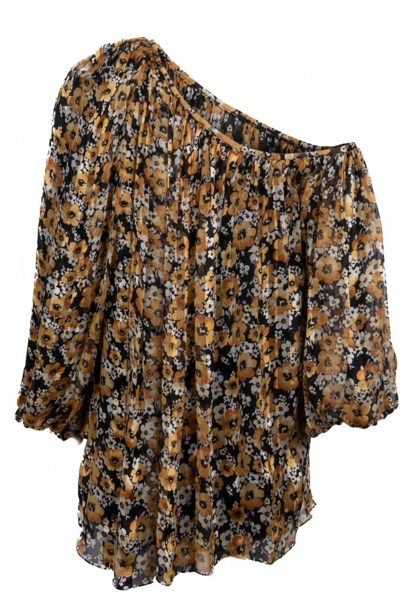 SAINT LAURENT Asymmetric Long Top Flowers Silk Yellow Black
