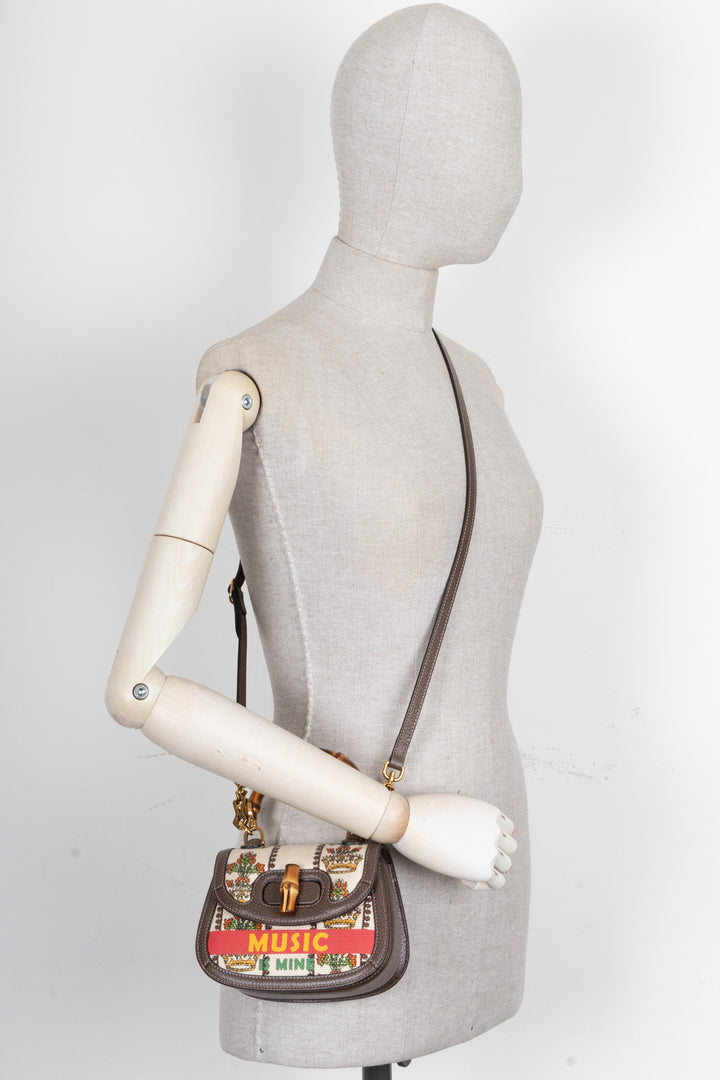 Sac à main GUCCI Music is Mine Bamboo 1947 toile cuir marron multicolore