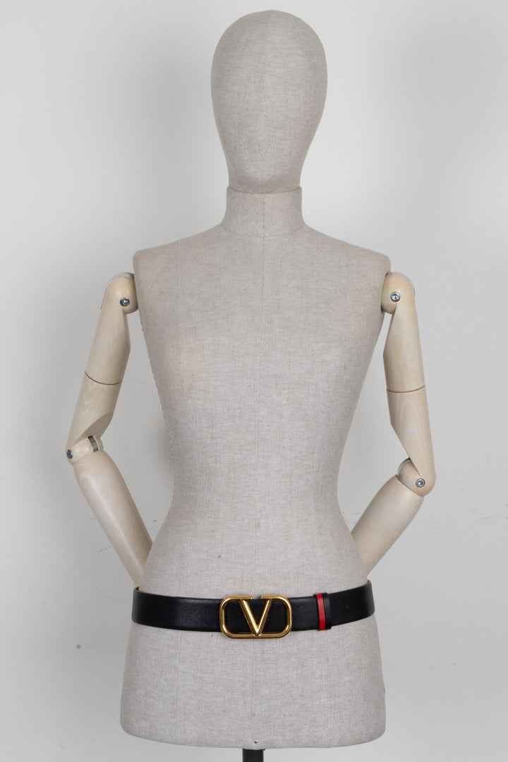 VALENTINO V Logo Reversible Belt Leather Black Red