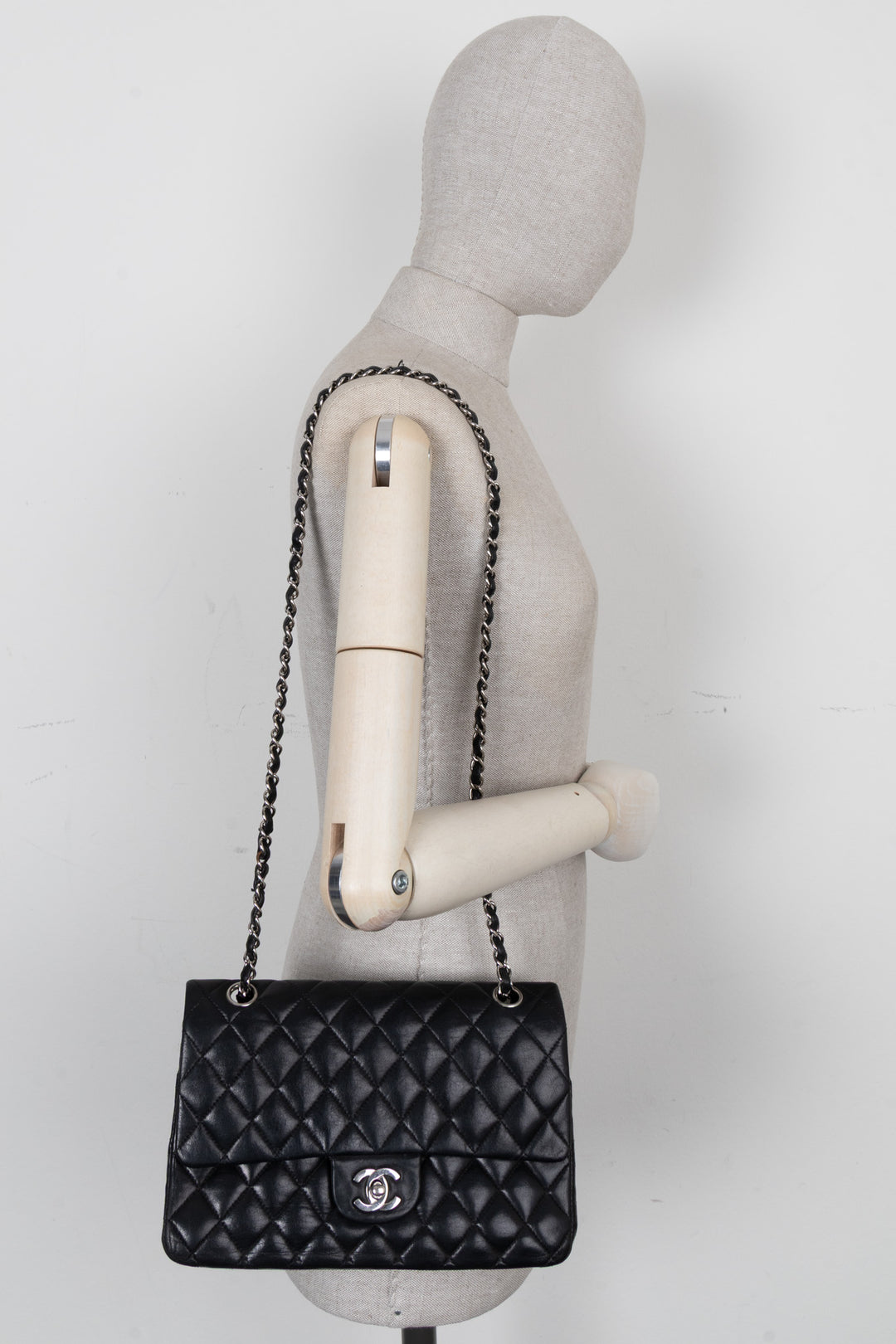 CHANEL Vintage Medium Double Flap Bag Black Silver